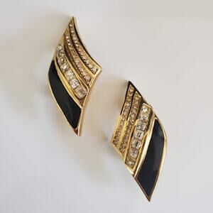 Christian Dior‎ Gold Tone Crystal Black Enamel Clip On Earrings Designer
